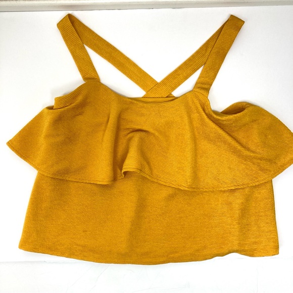 Madewell Tank Top Gold Criss Cross Strap Crop Medium Yellow Ribbed Ruffle - Picture 8 of 16